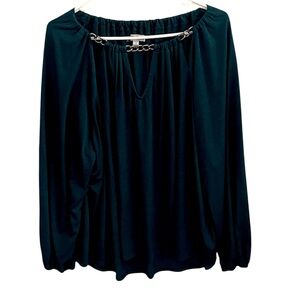 JENNIFER LOPEZ HUNTER GREEN LONG SLEEVE BLOUSE CHAIN DETAIL
AROUND NECK SIZE 2X